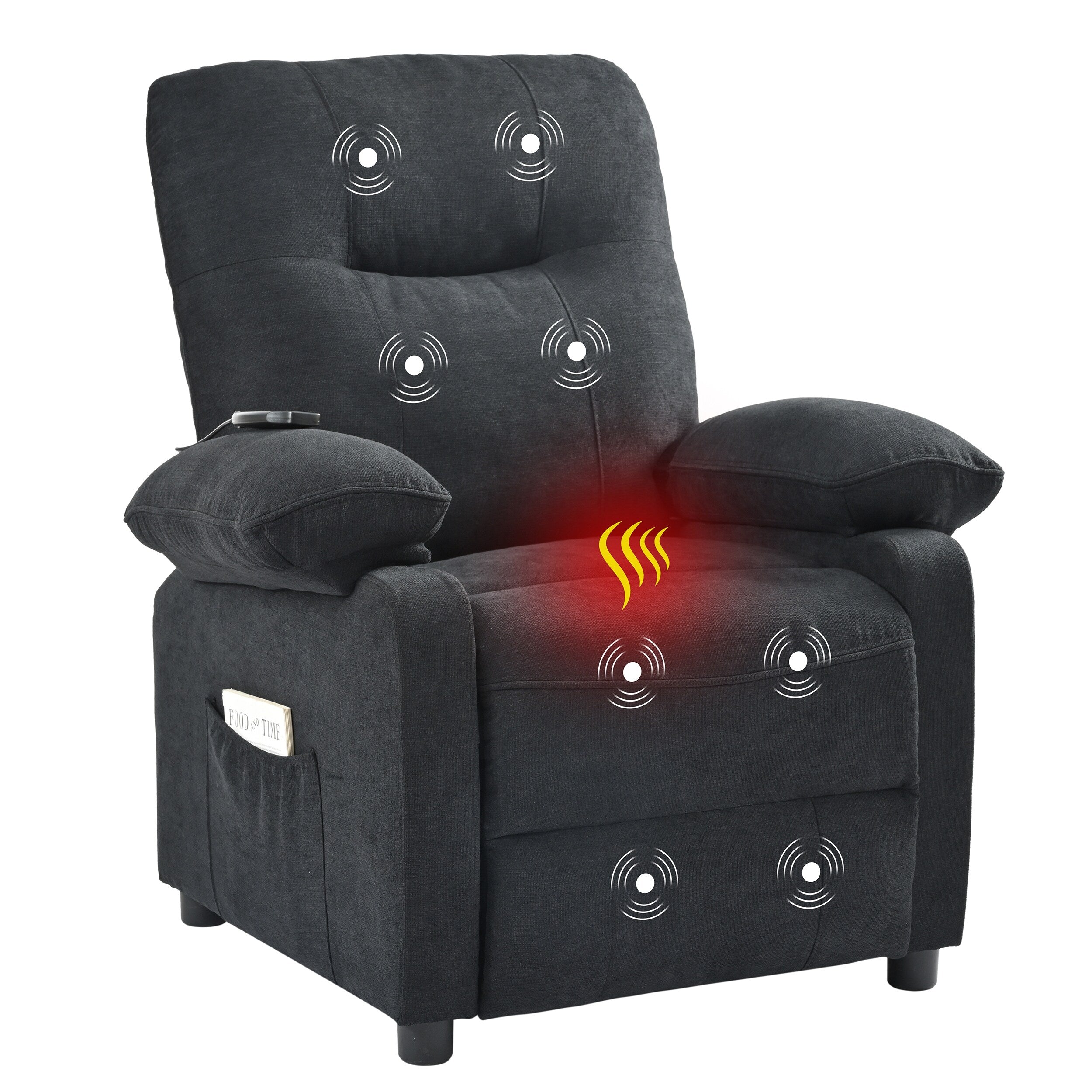 Fauteuil inclinable manuel rembourré noir avec massage, chauffage lombaire, accoudoirs coussinés et poches latérales