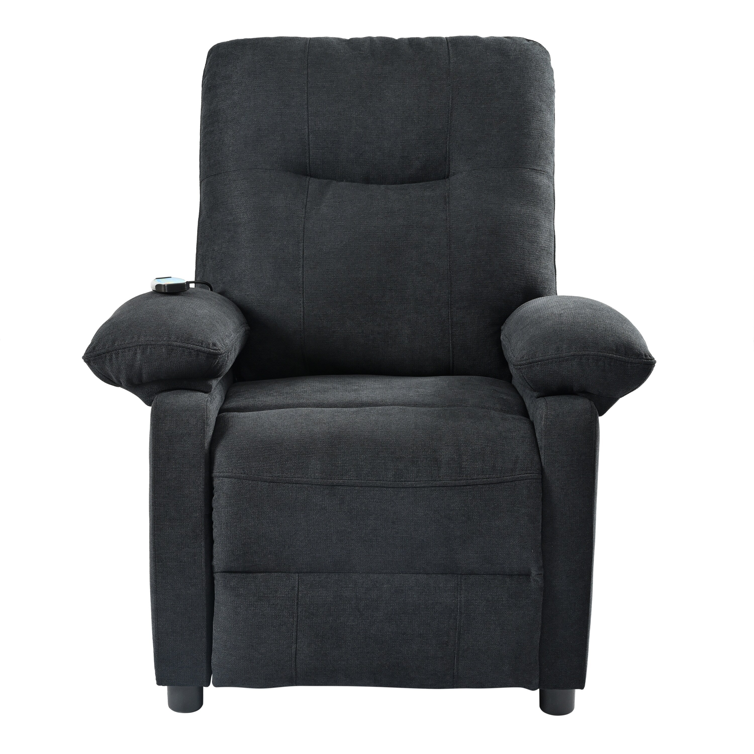 Fauteuil inclinable manuel rembourré noir avec massage, chauffage lombaire, accoudoirs coussinés et poches latérales
