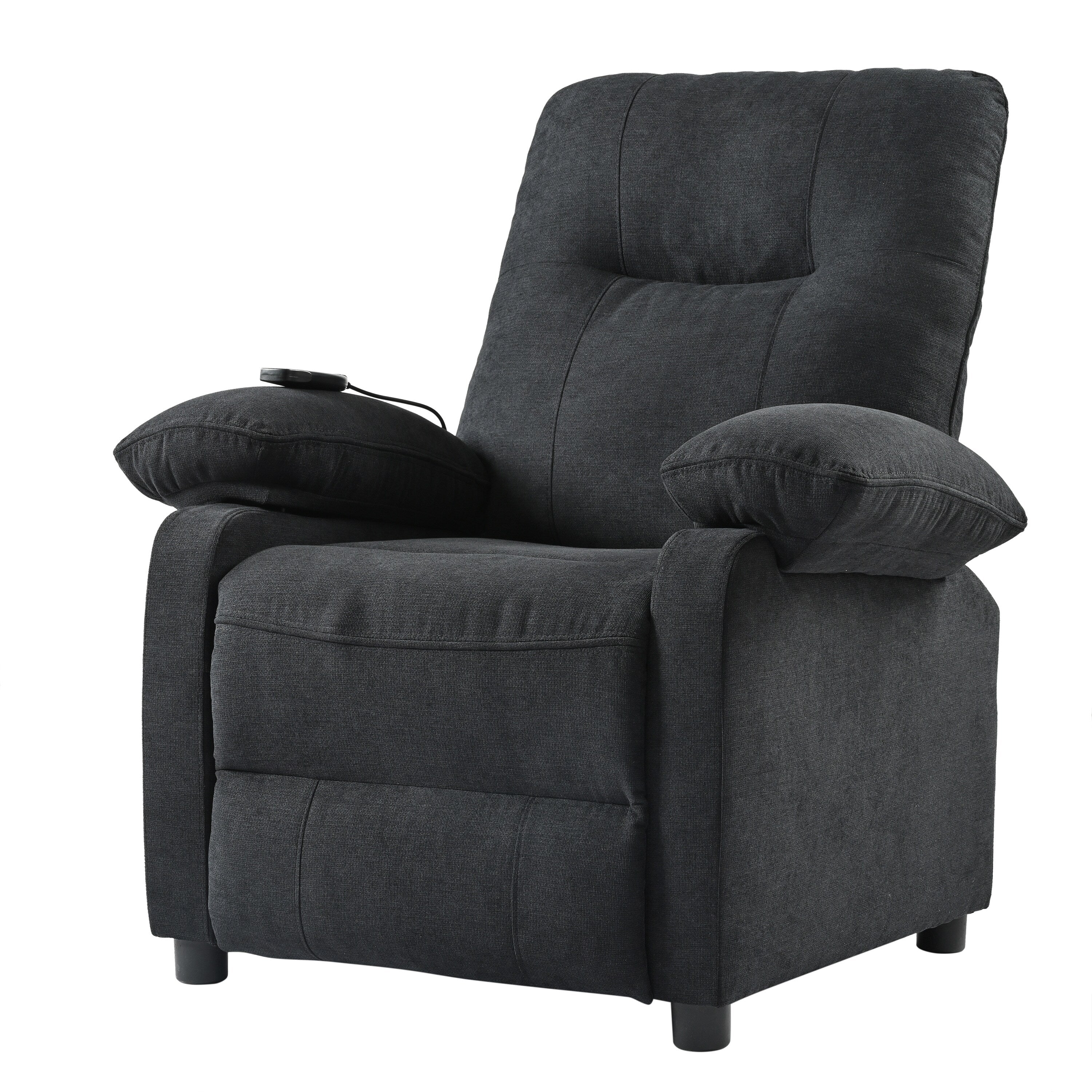 Fauteuil inclinable manuel rembourré noir avec massage, chauffage lombaire, accoudoirs coussinés et poches latérales