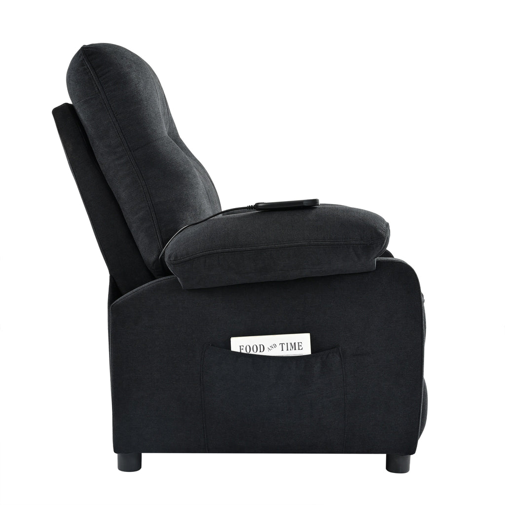 Fauteuil inclinable manuel rembourré noir avec massage, chauffage lombaire, accoudoirs coussinés et poches latérales