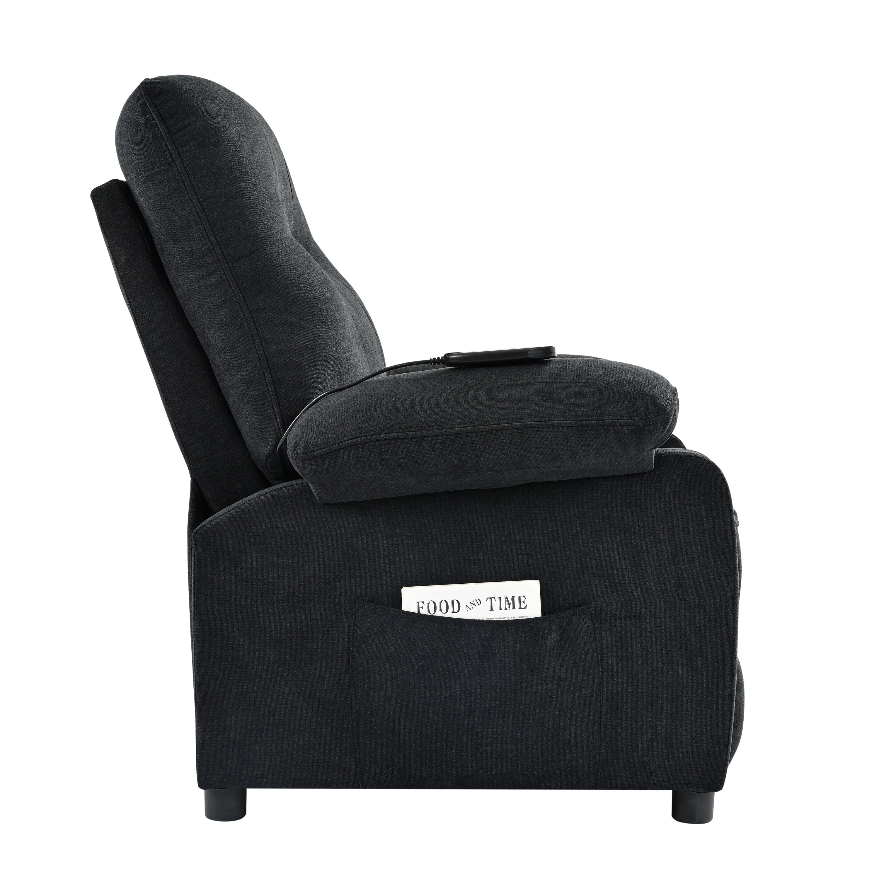 Fauteuil inclinable manuel rembourré noir avec massage, chauffage lombaire, accoudoirs coussinés et poches latérales