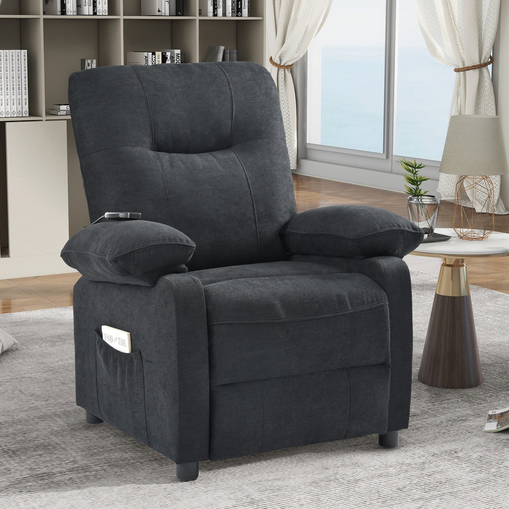 Fauteuil inclinable manuel rembourré noir avec massage, chauffage lombaire, accoudoirs coussinés et poches latérales