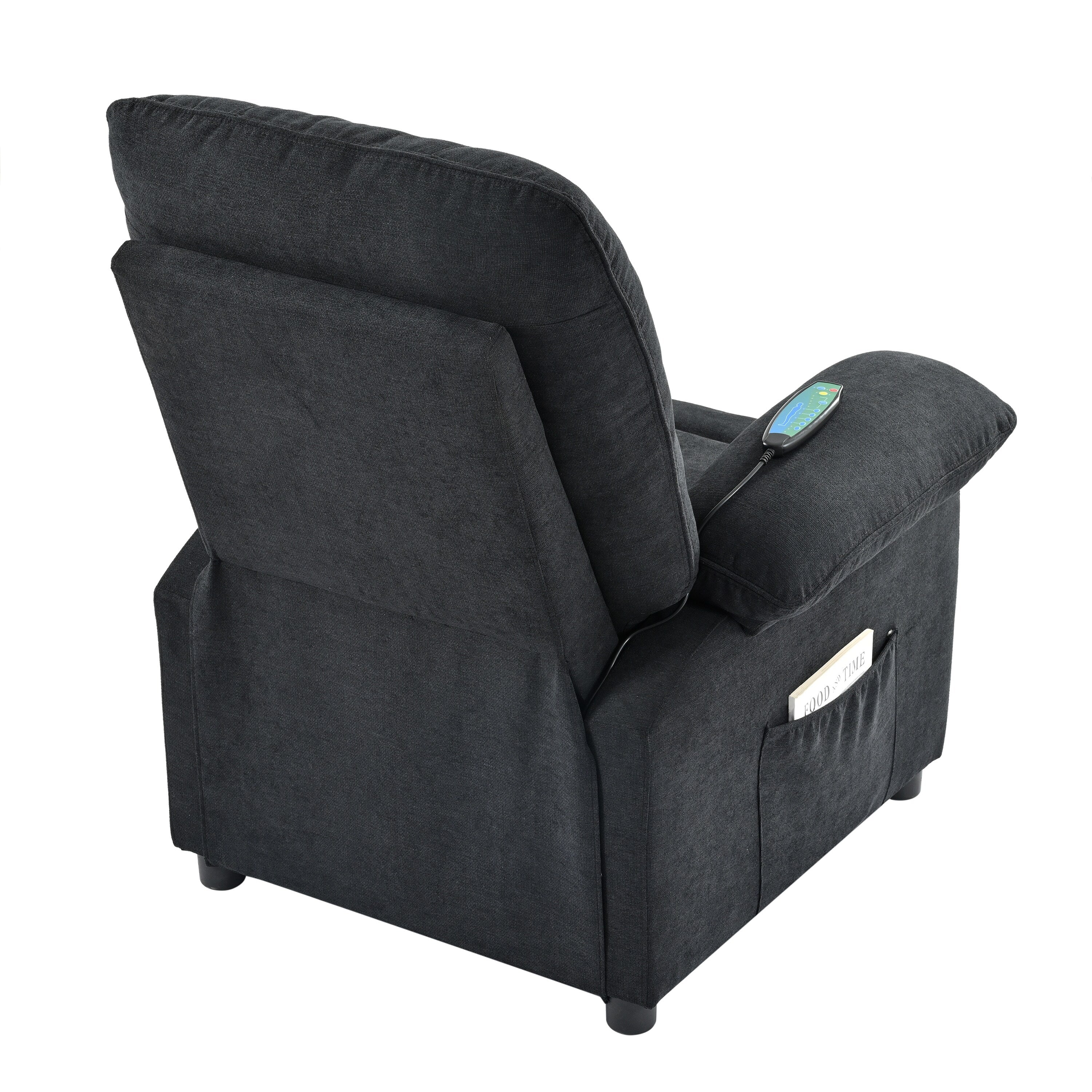 Fauteuil inclinable manuel rembourré noir avec massage, chauffage lombaire, accoudoirs coussinés et poches latérales