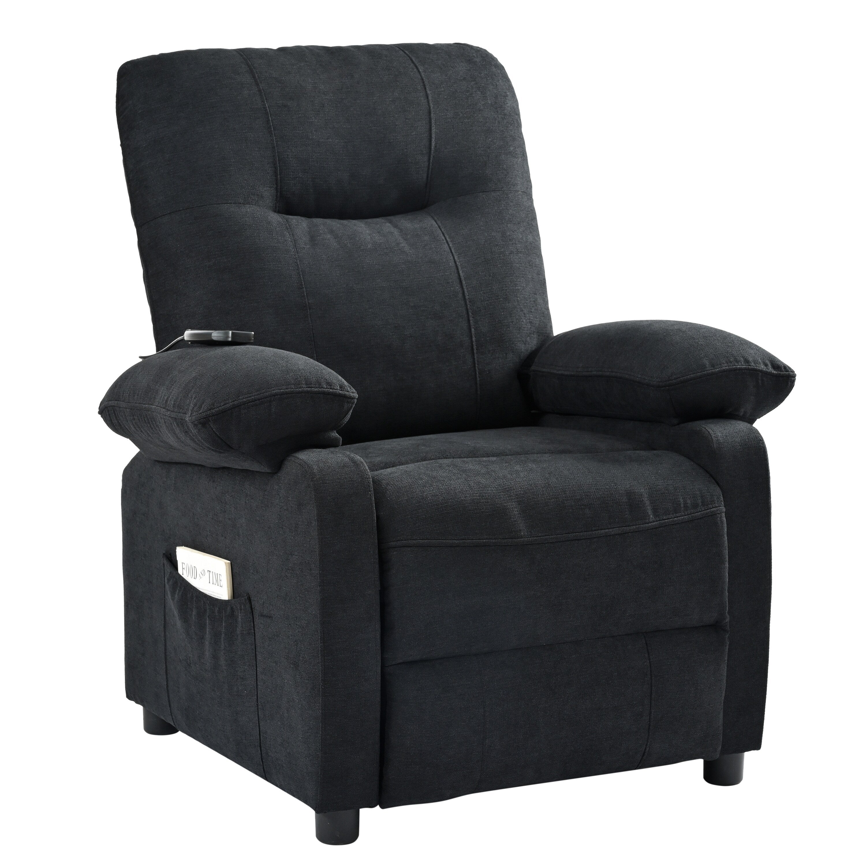 Fauteuil inclinable manuel rembourré noir avec massage, chauffage lombaire, accoudoirs coussinés et poches latérales