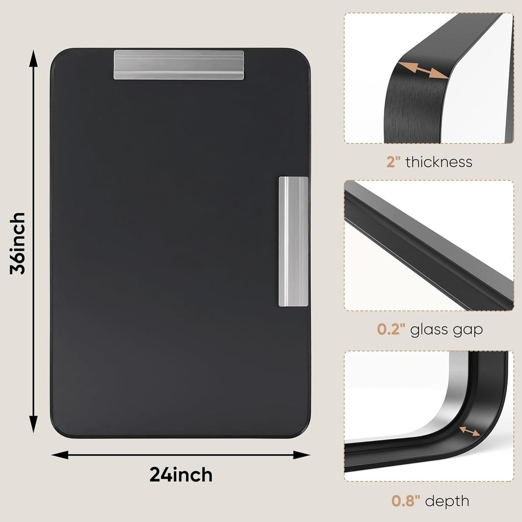 Miroir de salle de bain rectangulaire arrondi avec cadre en alliage d'aluminium noir, pour montage au-dessus du lavabo, à suspendre horizontalement ou verticalement