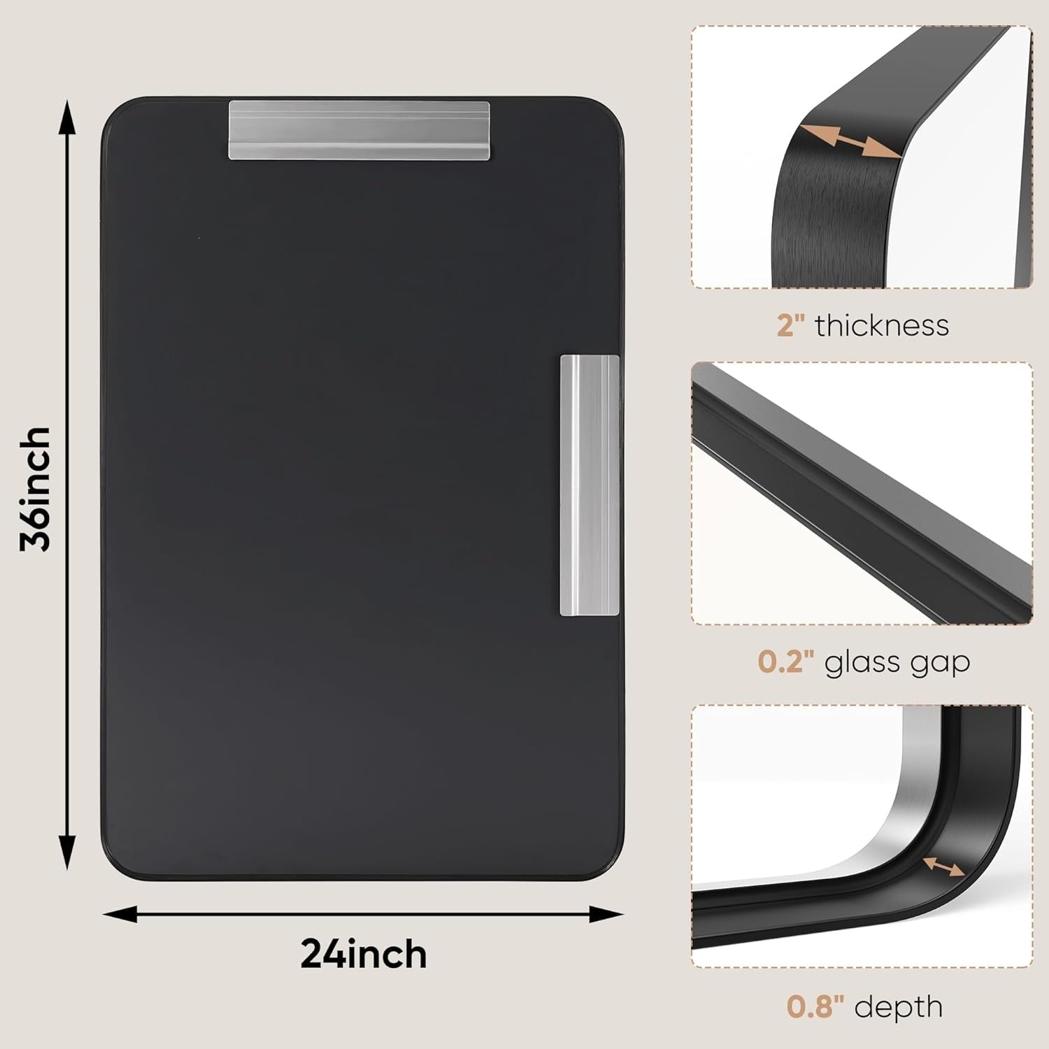 Miroir de salle de bain rectangulaire arrondi avec cadre en alliage d'aluminium noir, pour montage au-dessus du lavabo, à suspendre horizontalement ou verticalement