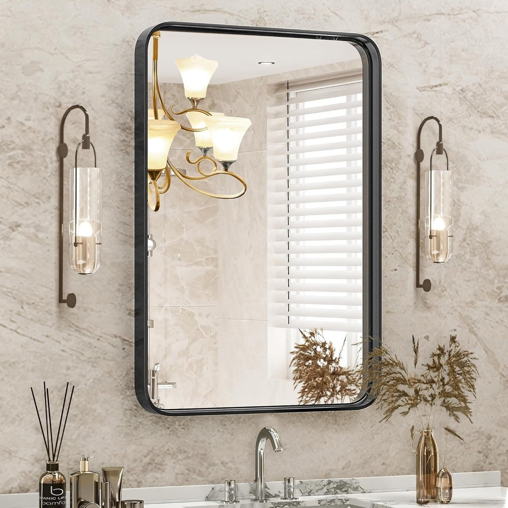 Miroir de salle de bain rectangulaire arrondi avec cadre en alliage d'aluminium noir, pour montage au-dessus du lavabo, à suspendre horizontalement ou verticalement