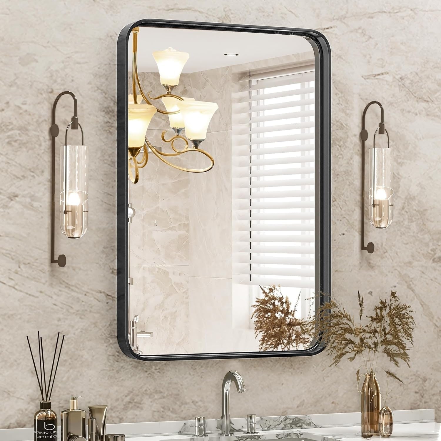 Miroir de salle de bain rectangulaire arrondi avec cadre en alliage d'aluminium noir, pour montage au-dessus du lavabo, à suspendre horizontalement ou verticalement