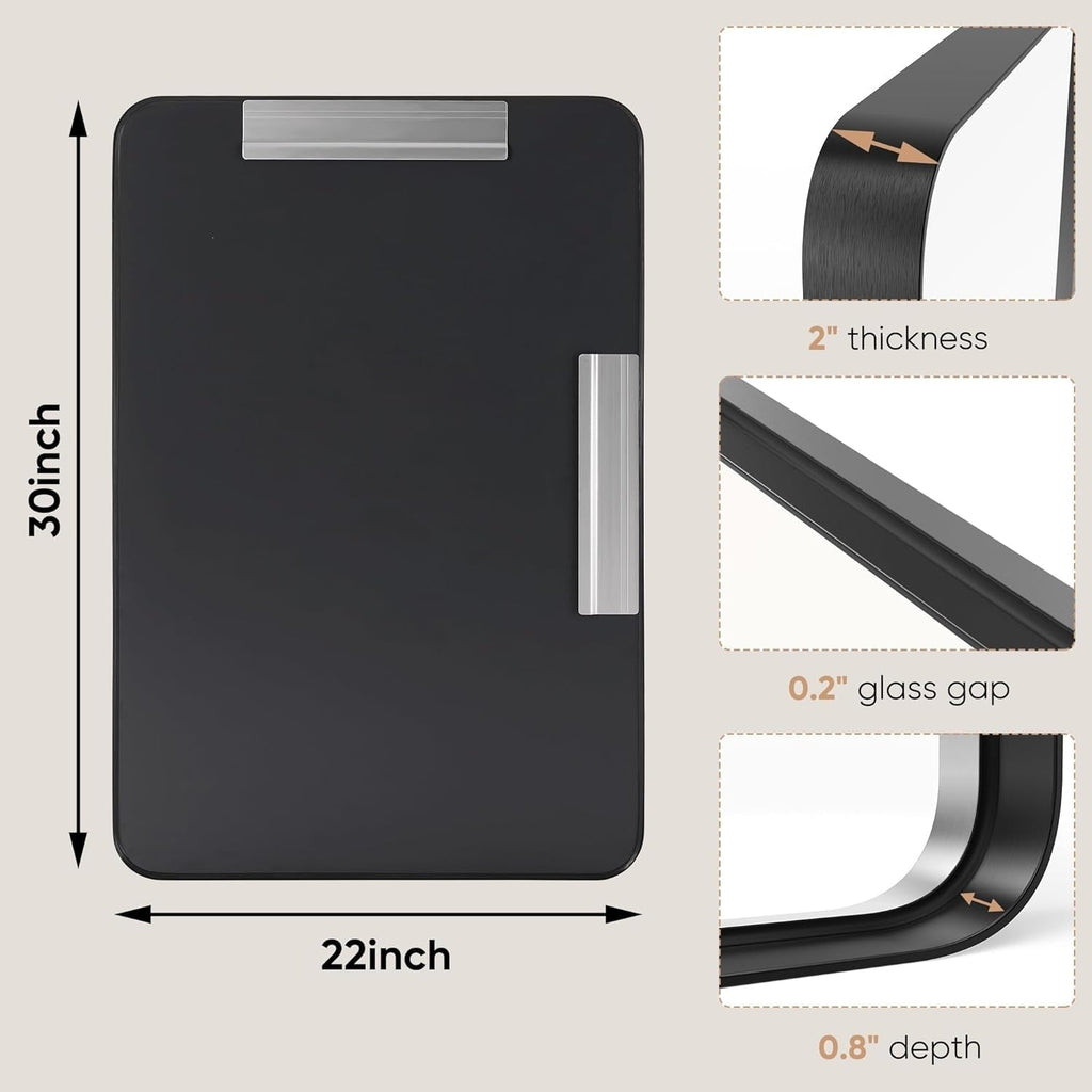 Miroir de salle de bain rectangulaire arrondi avec cadre en alliage d'aluminium noir, pour montage au-dessus du lavabo, à suspendre horizontalement ou verticalement