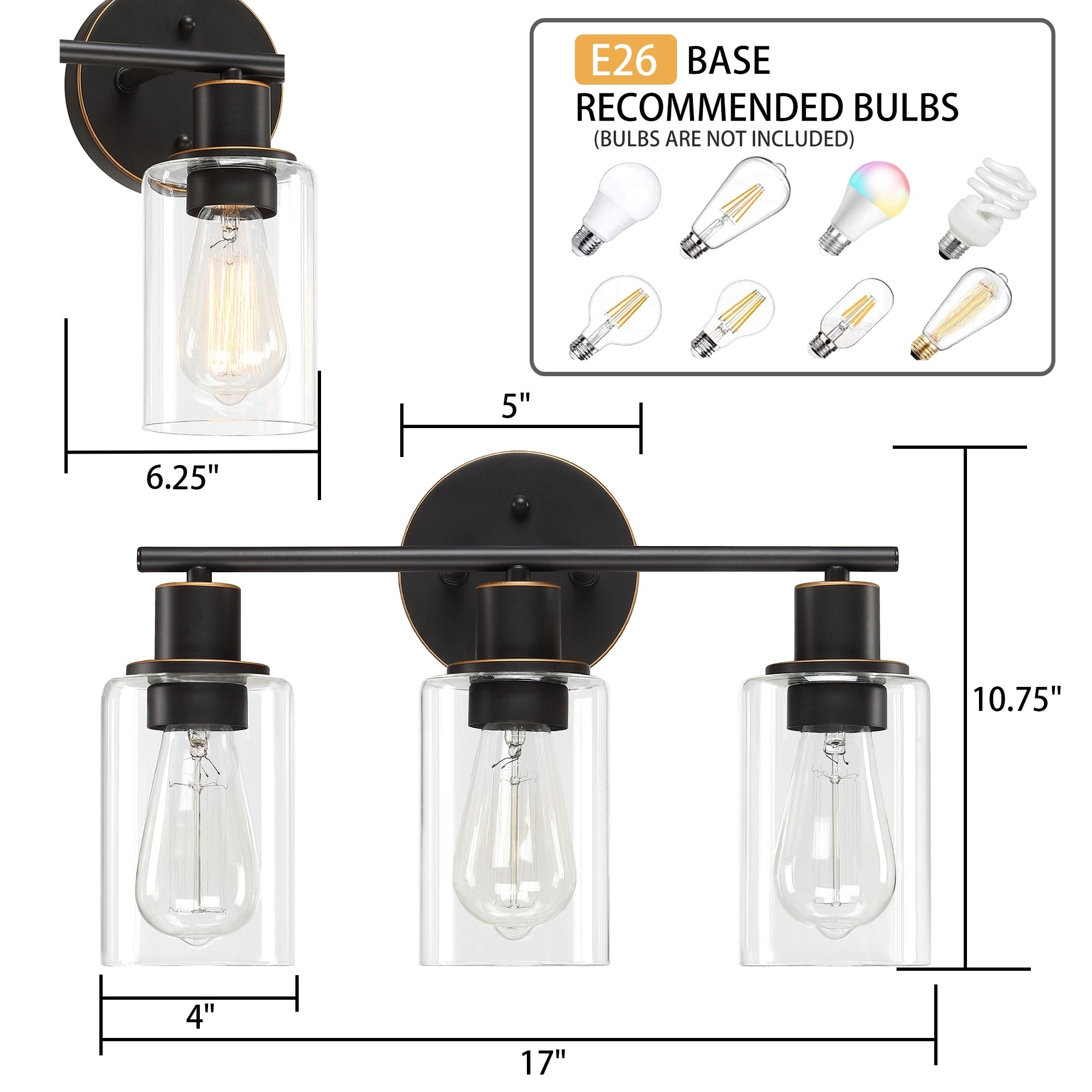 Luminaire de salle de bain à 3 lumières de 17 po, en bronze huilé, pour meuble-lavabo