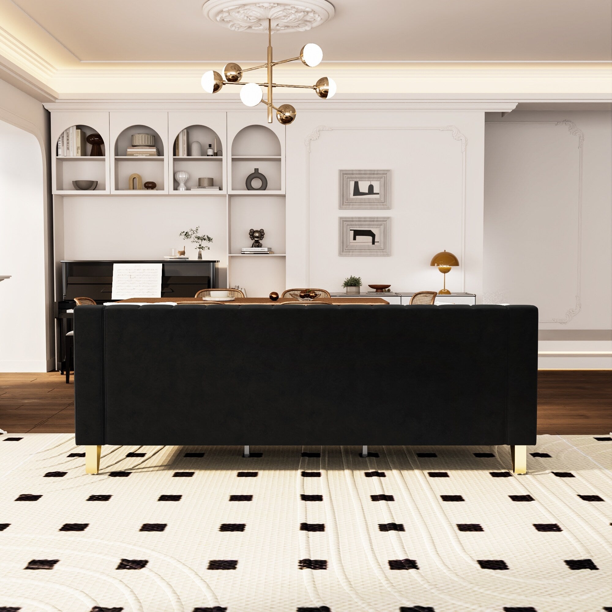 Canapé 3 places en velours noir avec touches dorées