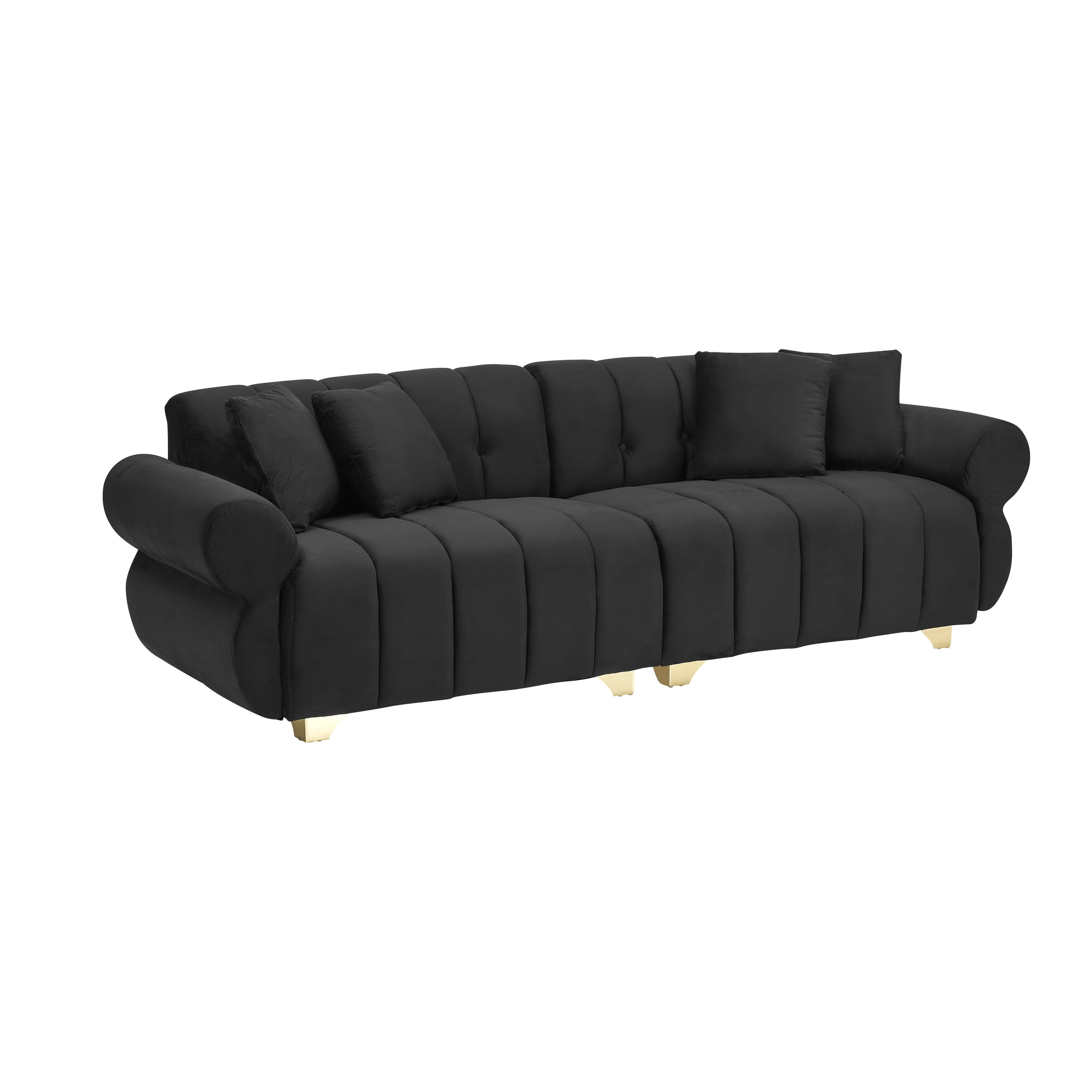 Canapé 3 places en velours noir avec coussins à ressorts