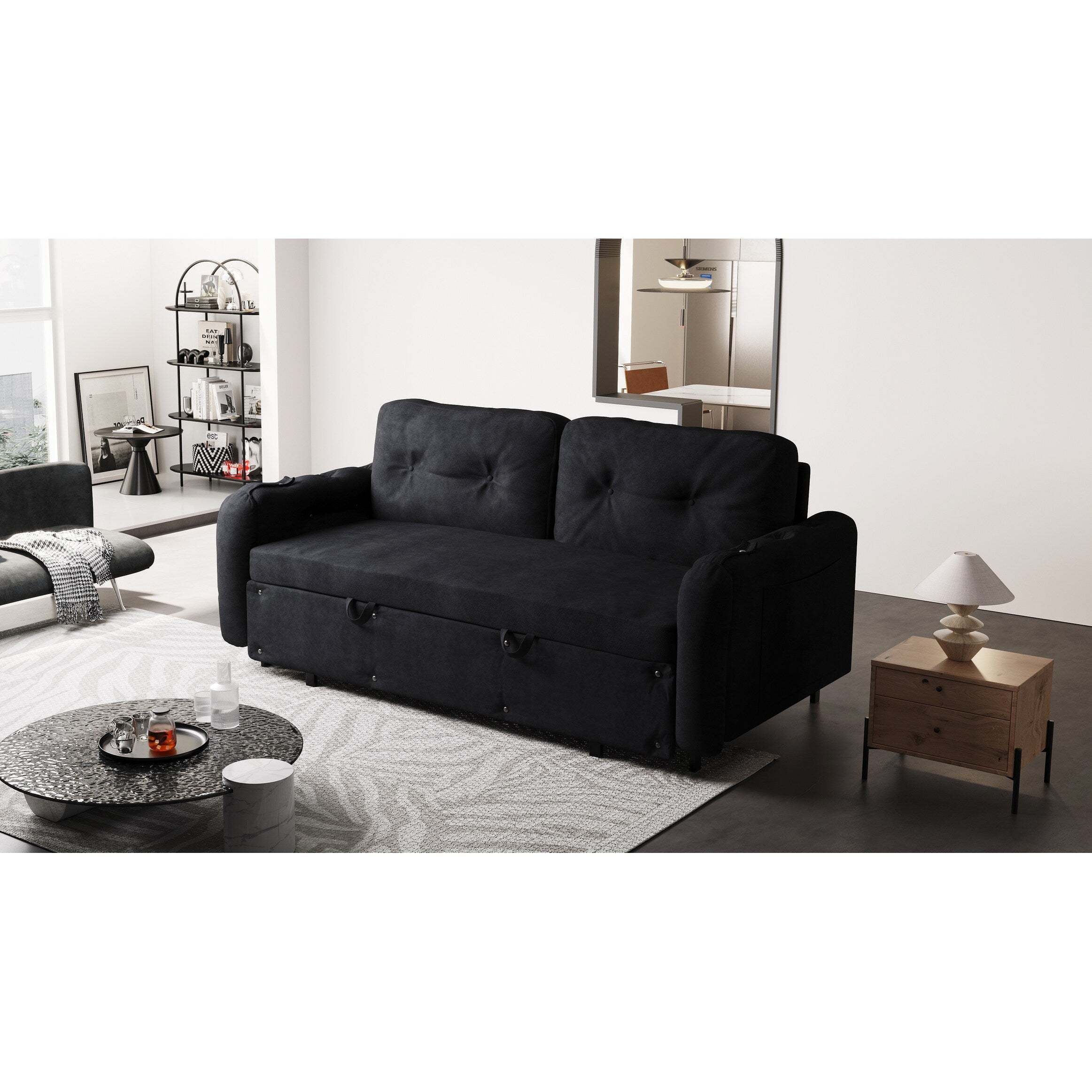Canapé-lit convertible en velours noir avec rangement