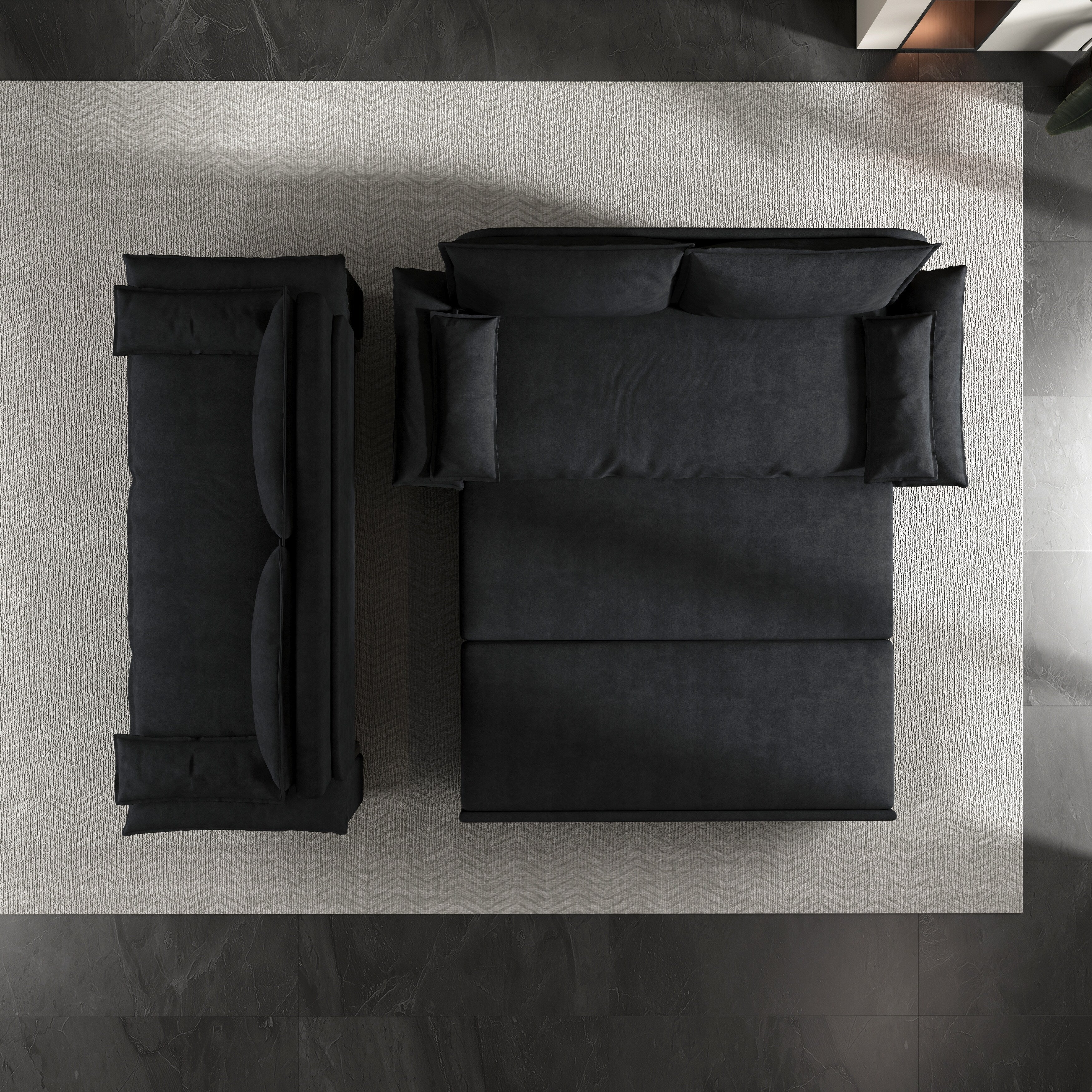 Canapé-lit gigogne en velours noir avec coussins moelleux