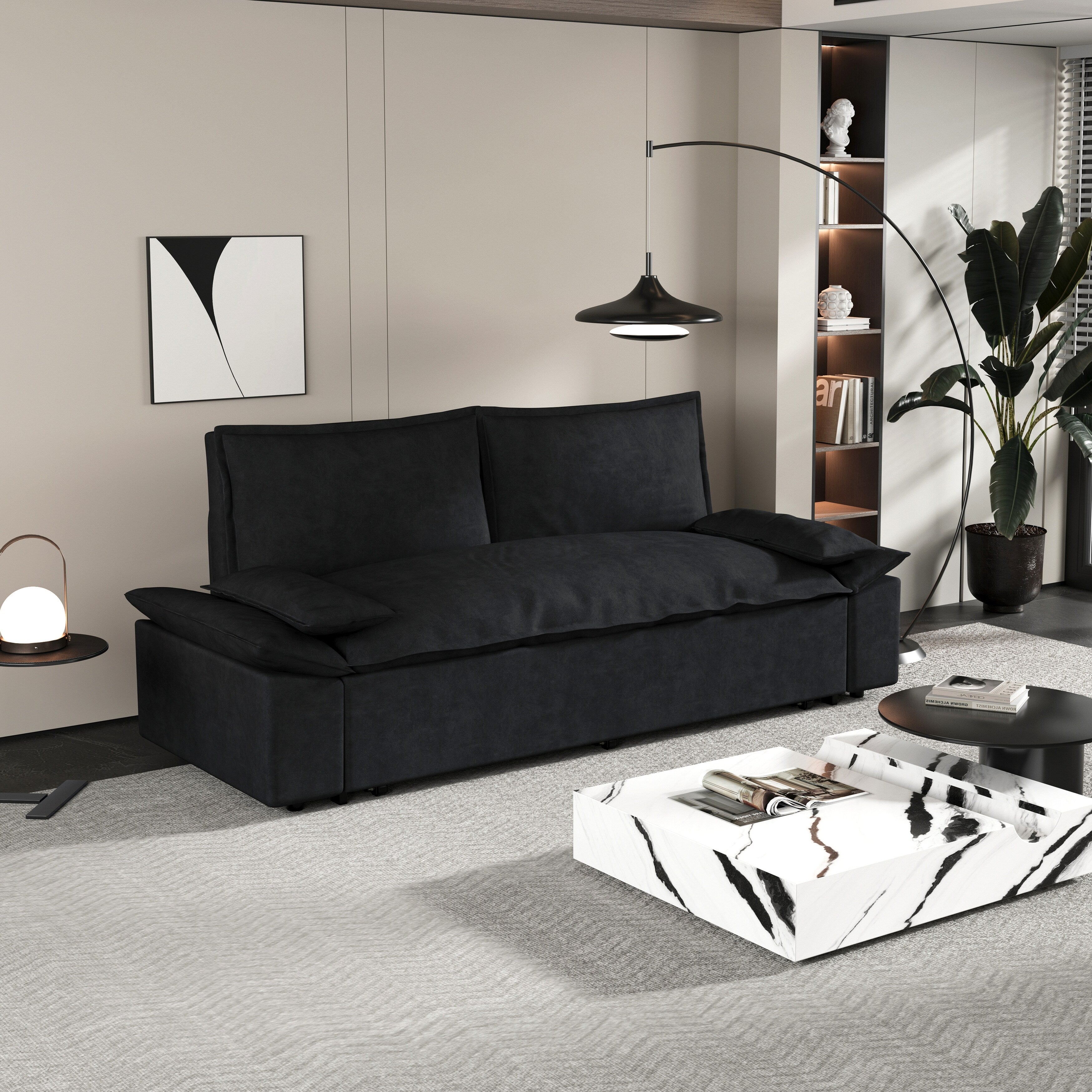 Canapé-lit gigogne en velours noir avec coussins moelleux