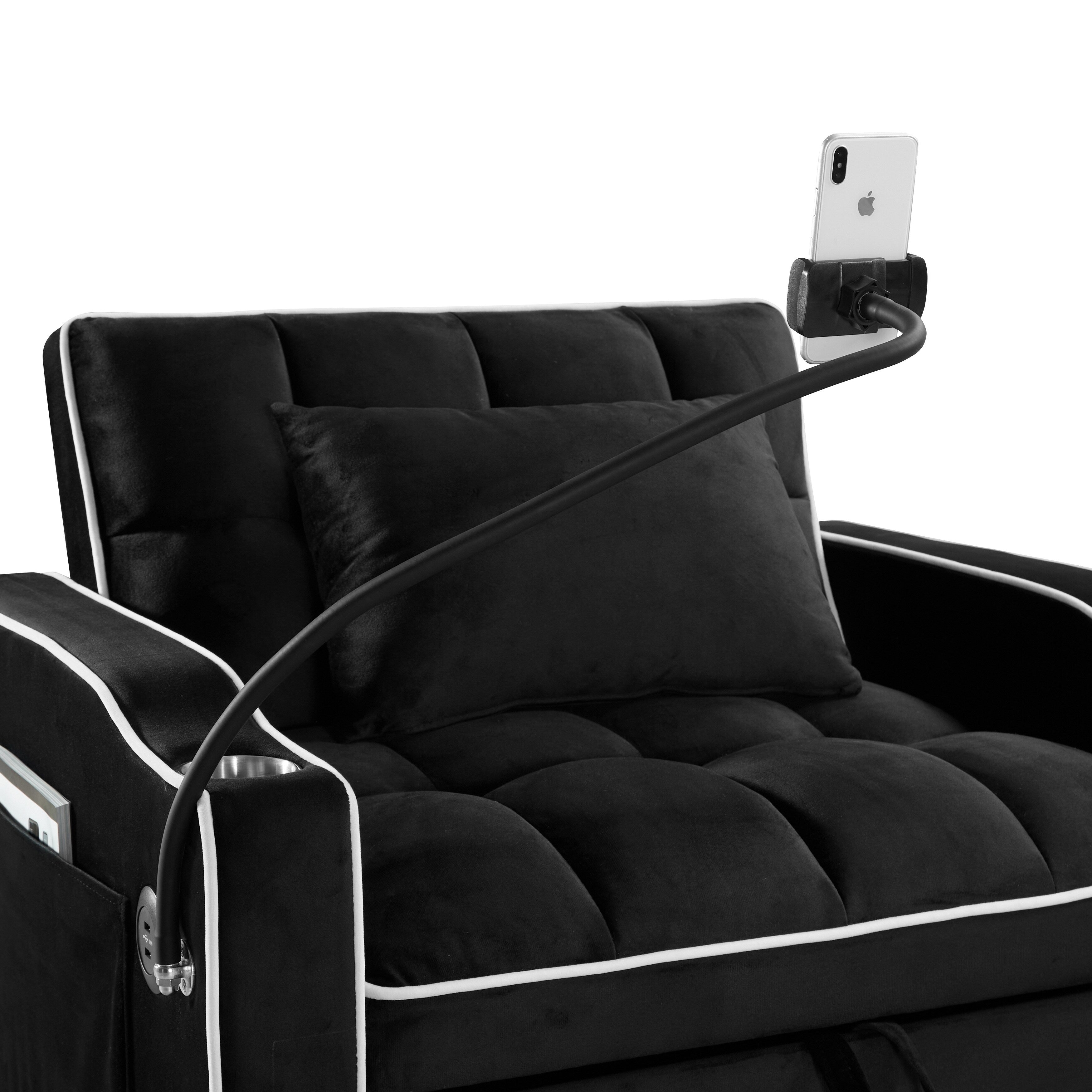 Canapé-lit simple convertible en velours noir avec port de chargement USB