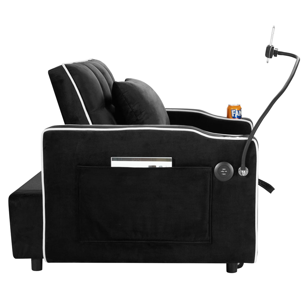 Canapé-lit simple convertible en velours noir avec port de chargement USB
