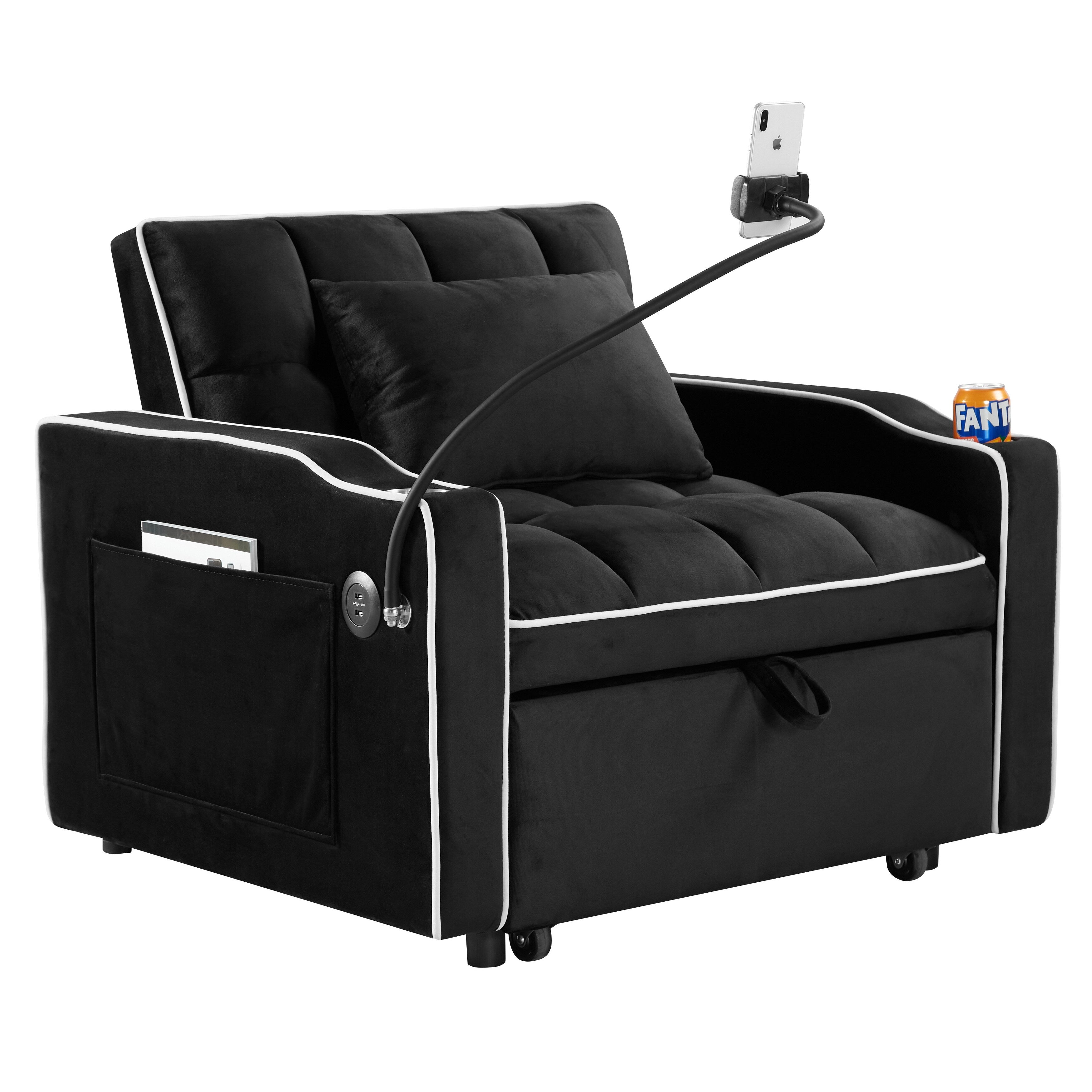 Canapé-lit simple convertible en velours noir avec port de chargement USB
