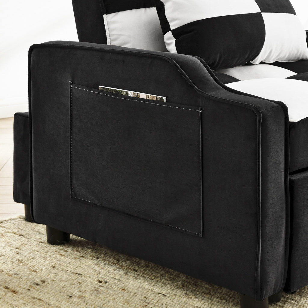 Canapé-lit simple convertible en velours noir et blanc de 35,5 pouces avec lit gigogne, poche de rangement et oreillers