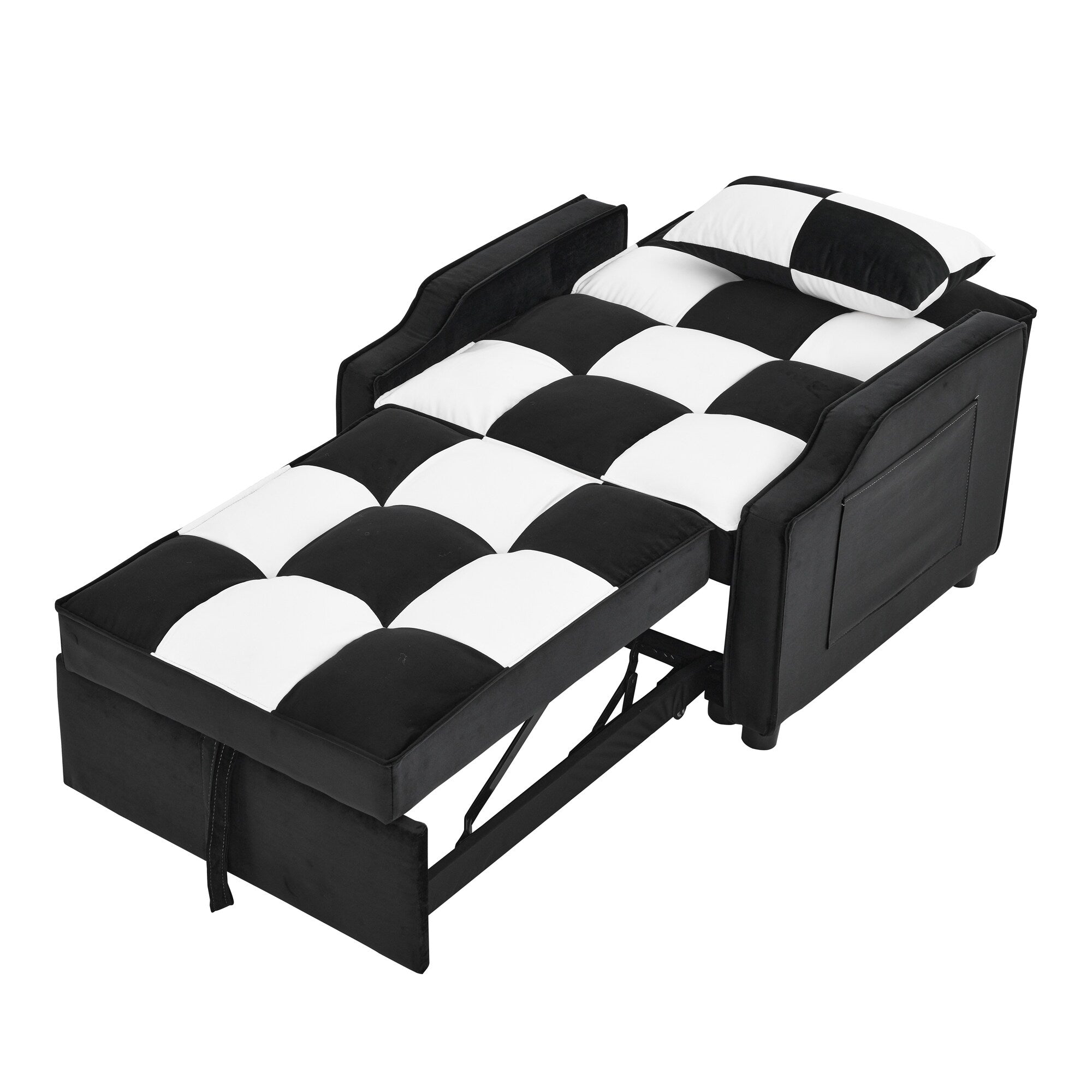 Canapé-lit simple convertible en velours noir et blanc de 35,5 pouces avec lit gigogne, poche de rangement et oreillers