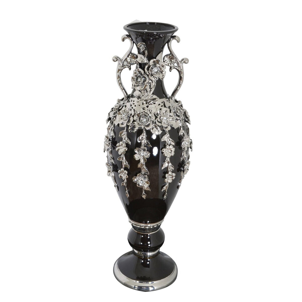 Superbe vase orné de bijoux en forme de fleuron noir et argent de 35 pouces de hauteur