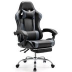 Fauteuil de jeu ergonomique pivotant à 360° en cuir PU noir et gris avec repose-pieds, appui-tête, soutien lombaire et hauteur réglable