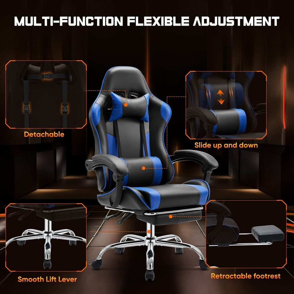 Fauteuil de jeu ergonomique pivotant à 360° en cuir PU noir et bleu avec repose-pieds, appui-tête, soutien lombaire et hauteur réglable