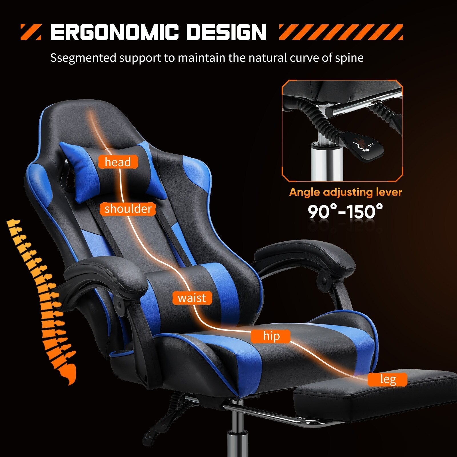 Fauteuil de jeu ergonomique pivotant à 360° en cuir PU noir et bleu avec repose-pieds, appui-tête, soutien lombaire et hauteur réglable