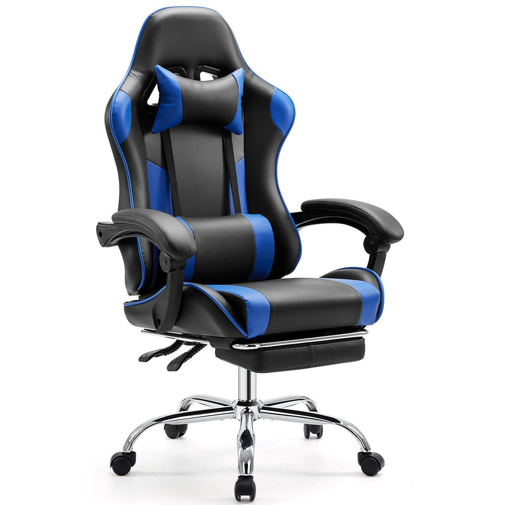 Fauteuil de jeu ergonomique pivotant à 360° en cuir PU noir et bleu avec repose-pieds, appui-tête, soutien lombaire et hauteur réglable