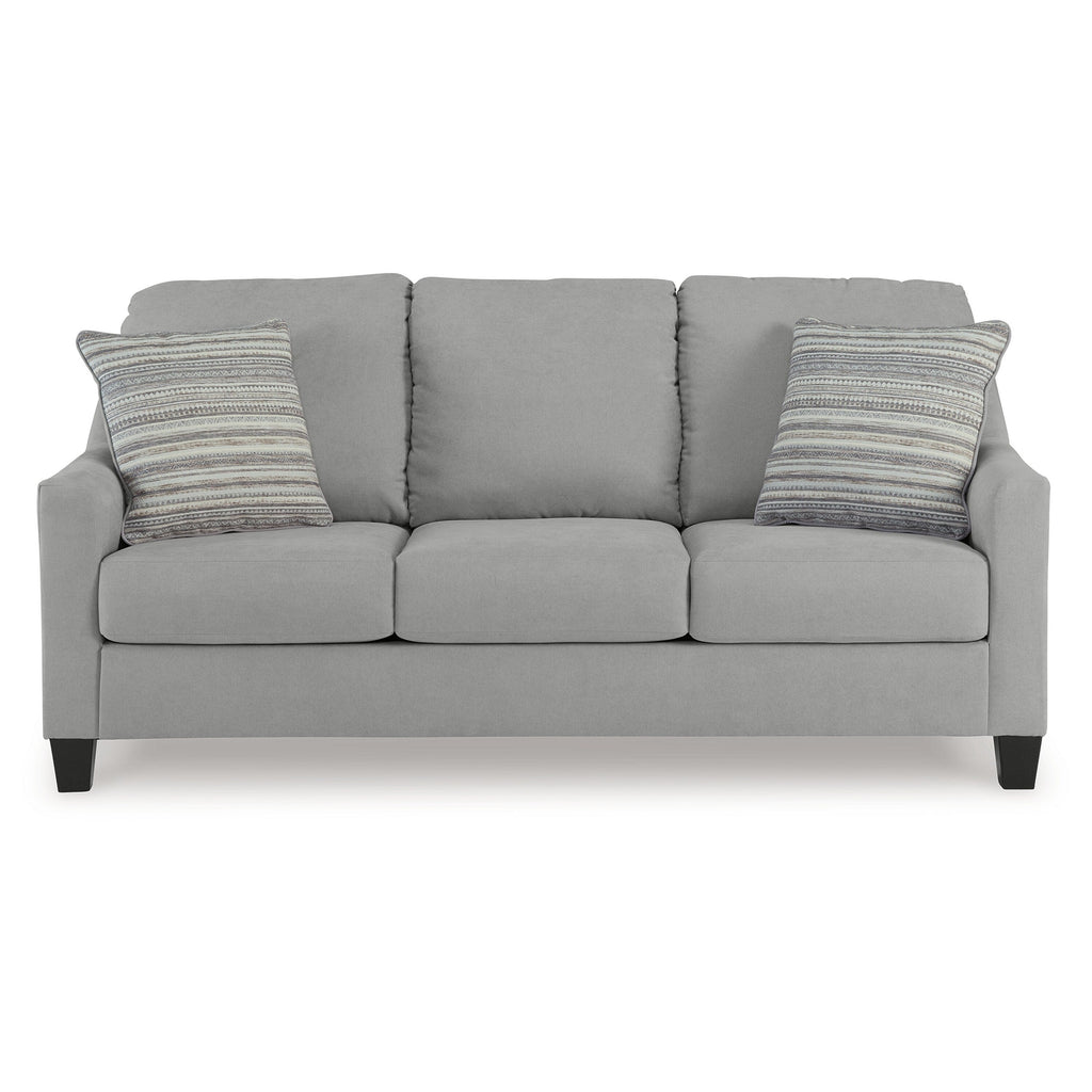 Canapé Blaire, polyester gris, 2 coussins décoratifs, bois noir, 203 cm