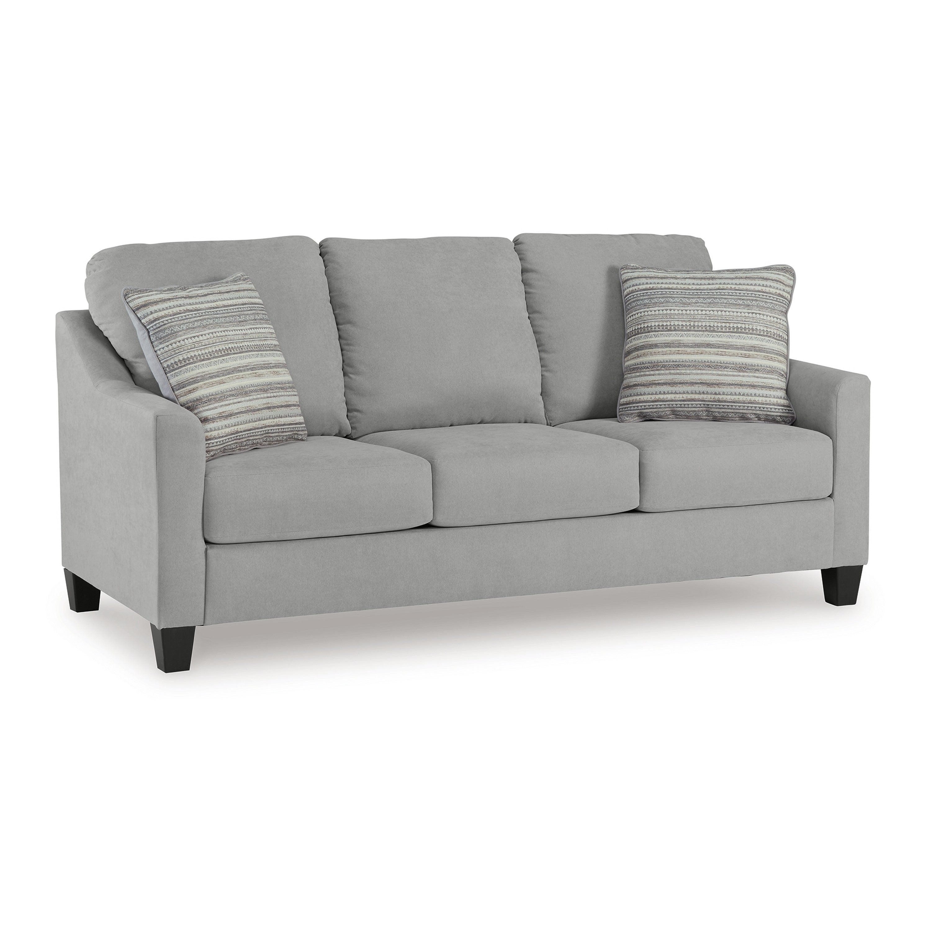Canapé Blaire, polyester gris, 2 coussins décoratifs, bois noir, 203 cm