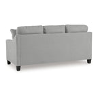 Canapé Blaire, polyester gris, 2 coussins décoratifs, bois noir, 203 cm