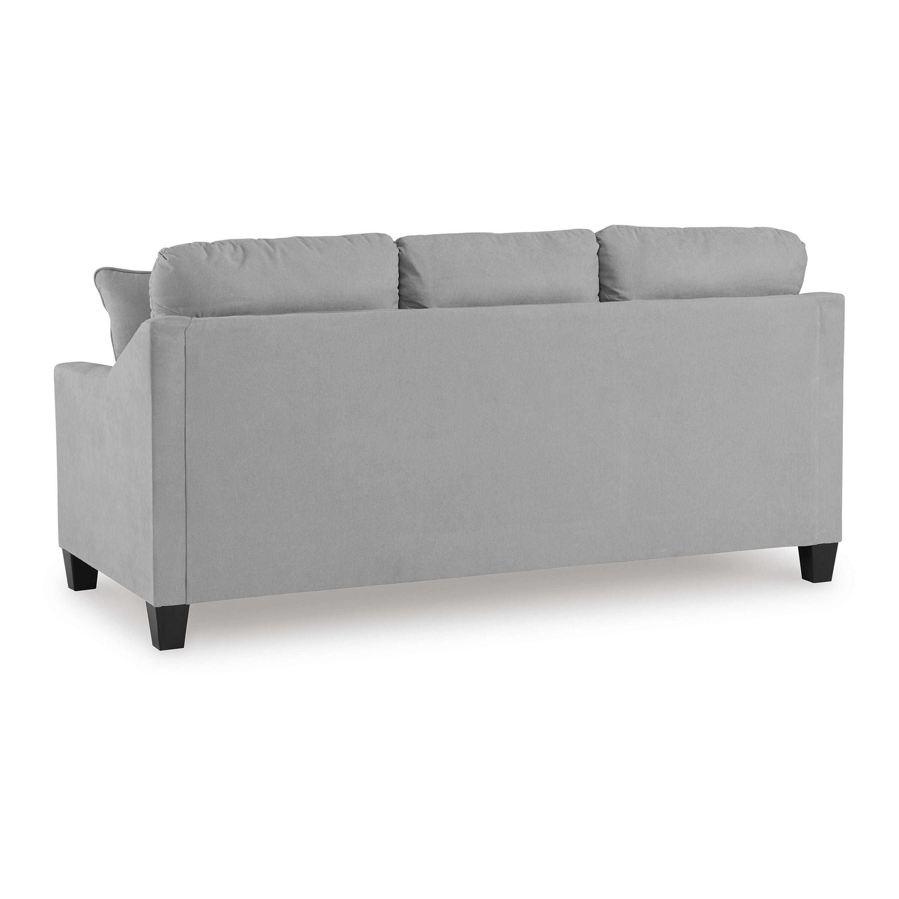 Canapé Blaire, polyester gris, 2 coussins décoratifs, bois noir, 203 cm