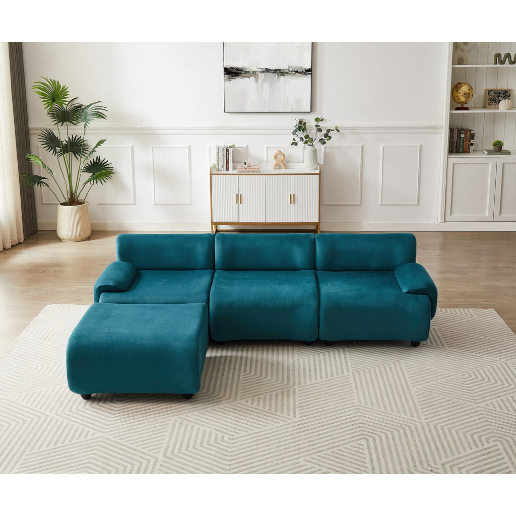 Canapé convertible en L en tissu bleu 105 avec pouf