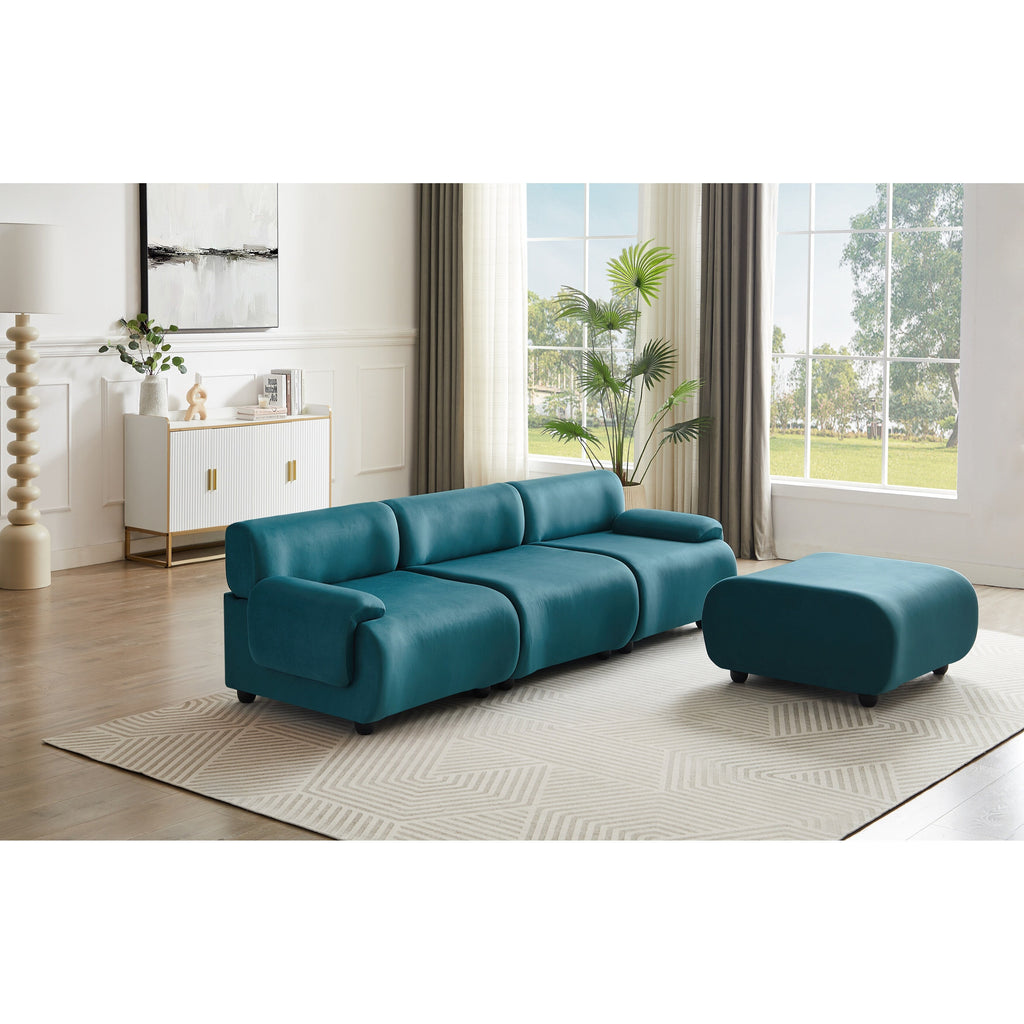 Canapé convertible en L en tissu bleu 105 avec pouf