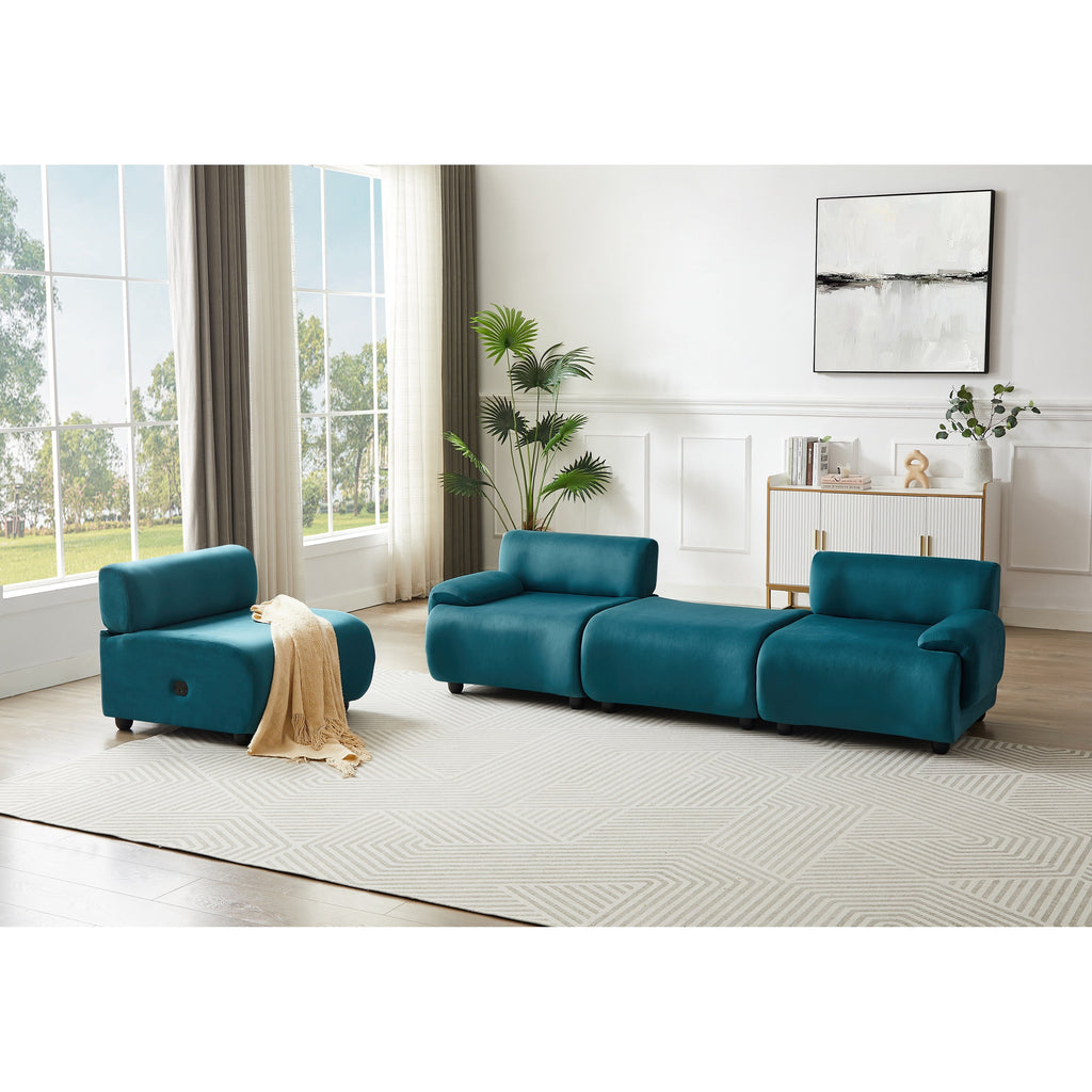 Canapé modulable 3 places Blue 105 avec pouf amovible, assise profonde et cadre en bois massif
