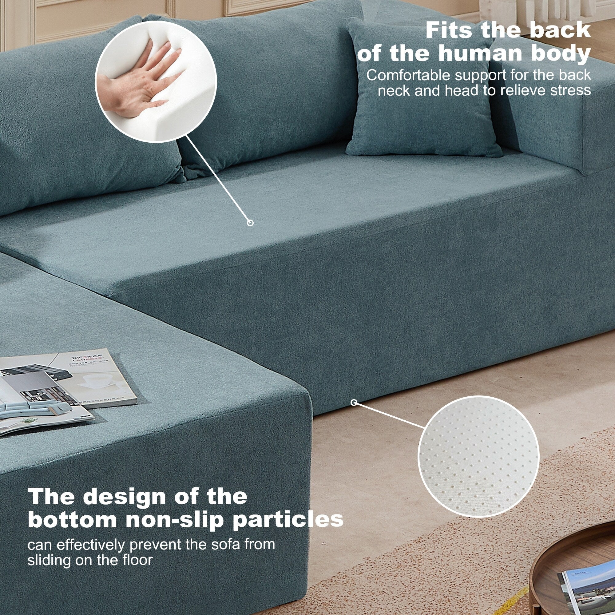 Canapé sectionnel en L en tissu bleu de 107,48 po avec méridienne, coussins de 16,53 po et combinaison gratuite de 2 pièces