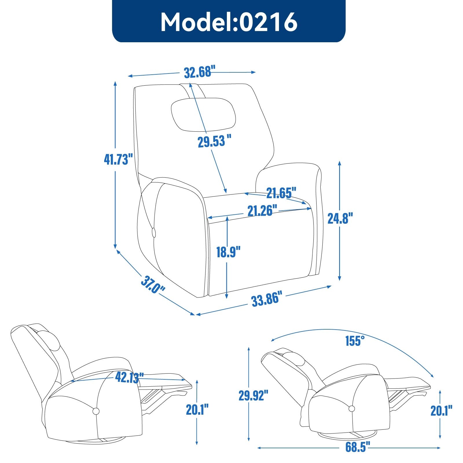 Fauteuil inclinable électrique pivotant à 270° bleu avec appui-tête, ports USB et Type-C et repose-pieds réglable
