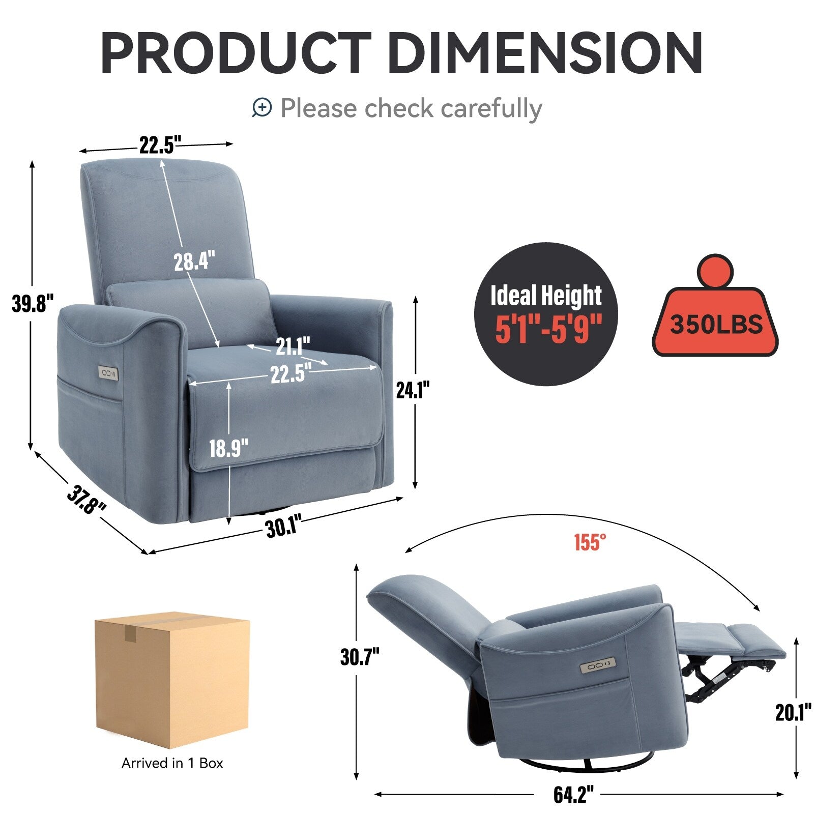 Fauteuil inclinable électrique pivotant à 270° bleu avec coussins lombaires, 2 poches latérales, ports USB et Type-C