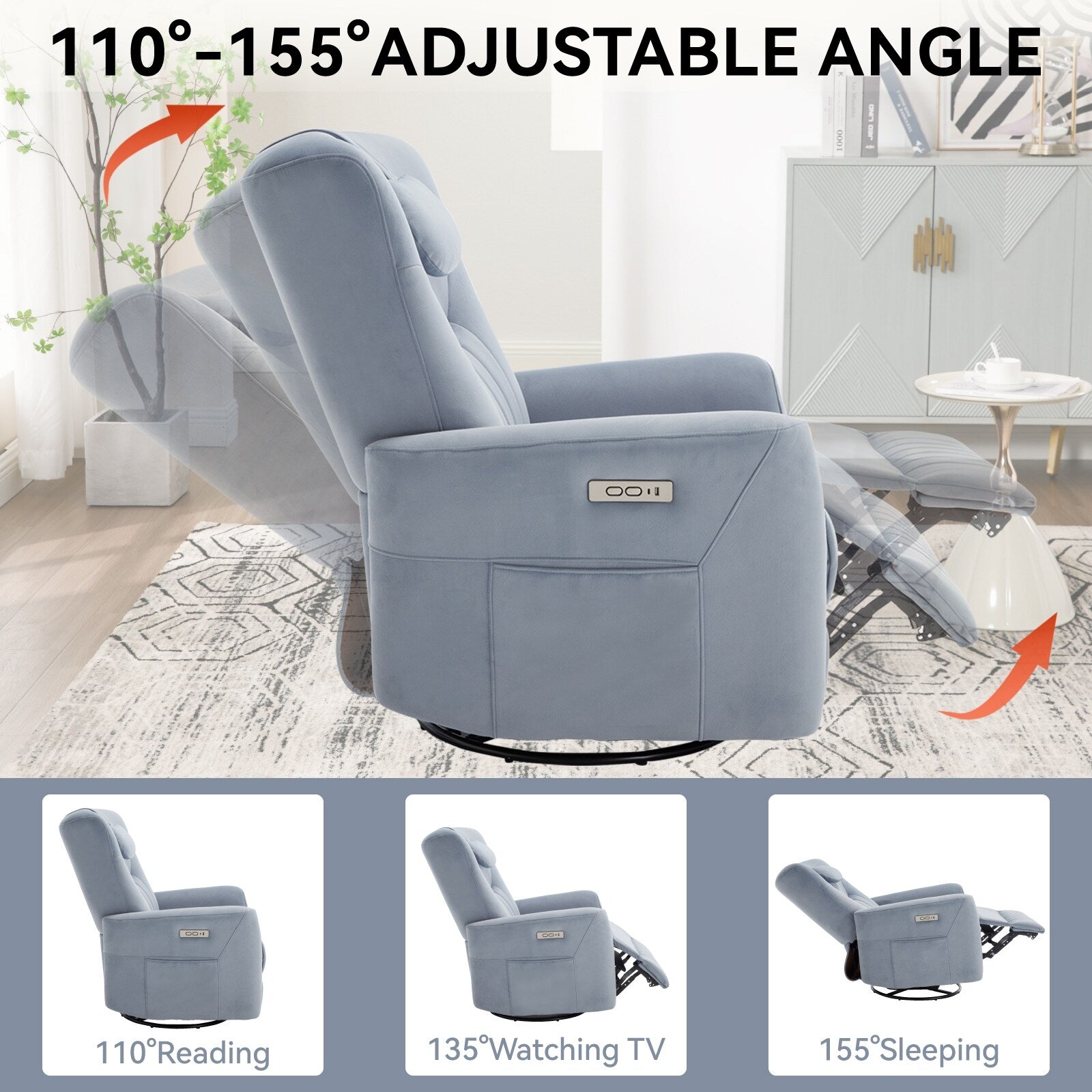 Fauteuil inclinable électrique pivotant à 270° bleu avec support lombaire et pour la tête, 2 poches latérales, ports USB et Type-C