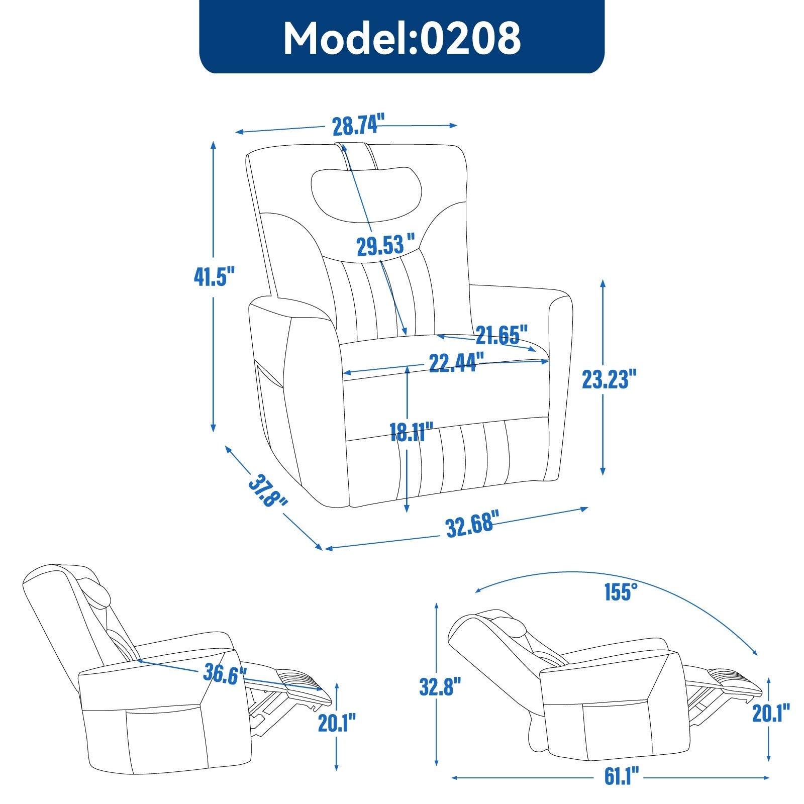 Fauteuil inclinable électrique pivotant à 270° bleu avec support lombaire et pour la tête, 2 poches latérales, ports USB et Type-C
