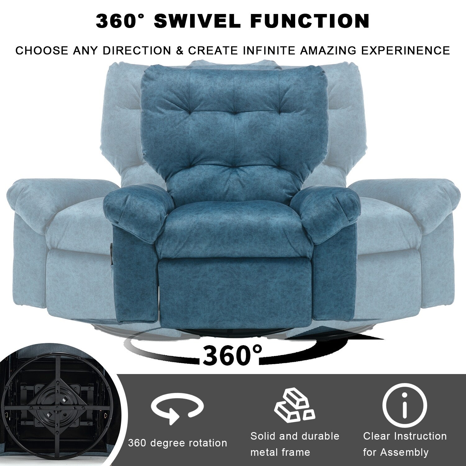 Fauteuil inclinable pivotant à 360° bleu avec massage par vibration, chauffage lombaire et poches latérales