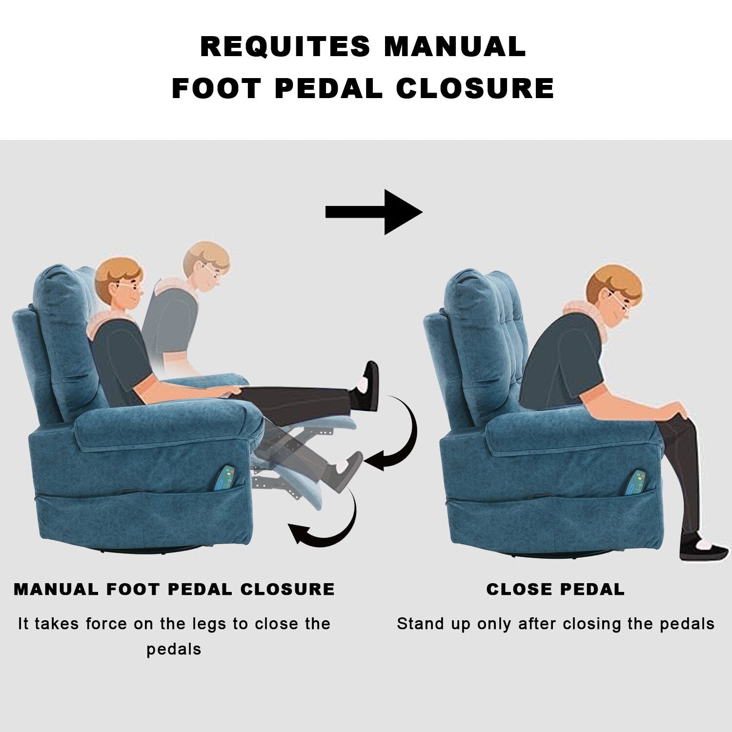 Fauteuil inclinable pivotant à 360° bleu avec massage par vibration, chauffage lombaire et poches latérales