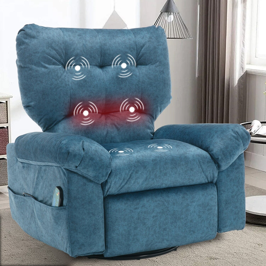 Fauteuil inclinable pivotant à 360° bleu avec massage par vibration, chauffage lombaire et poches latérales