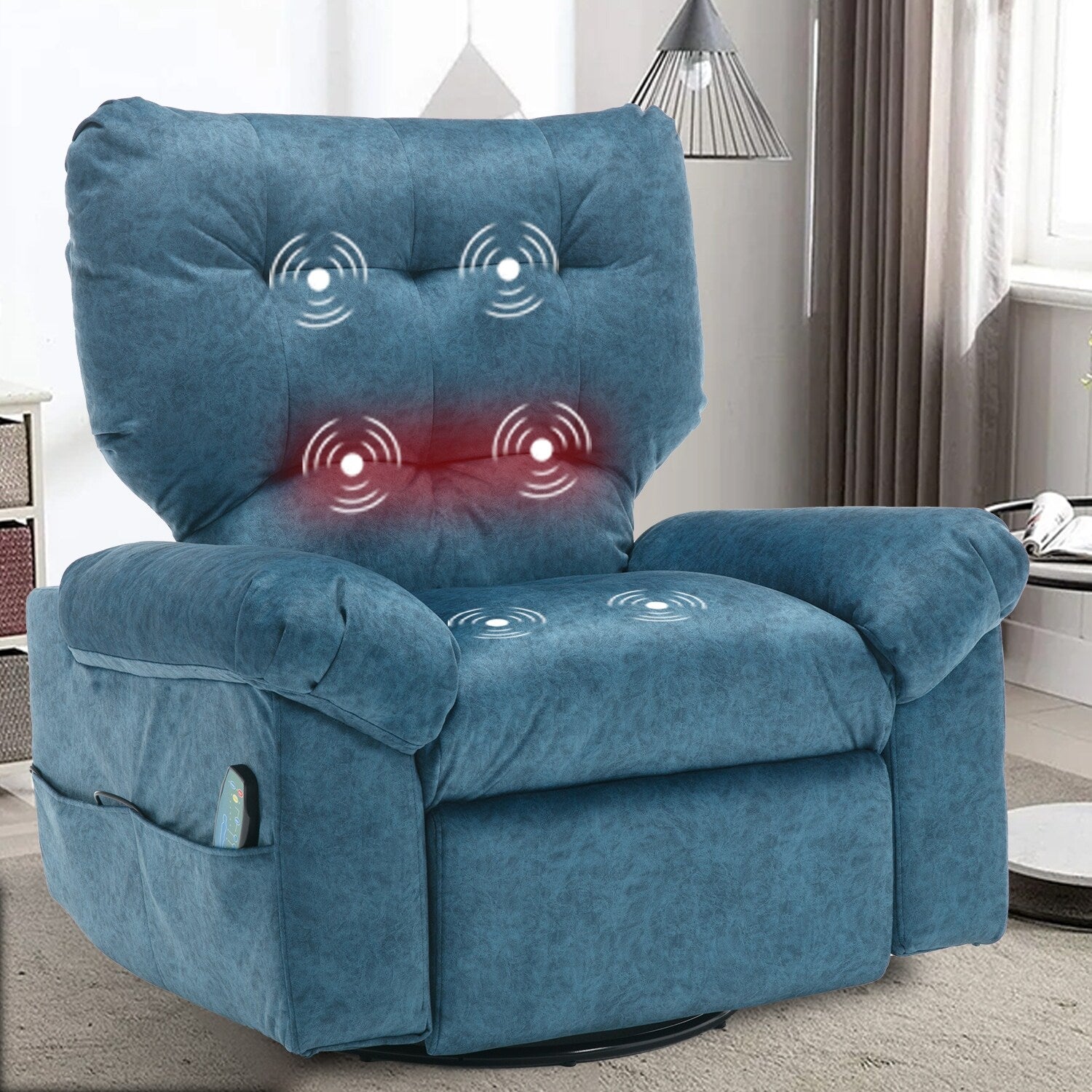 Fauteuil inclinable pivotant à 360° bleu avec massage par vibration, chauffage lombaire et poches latérales