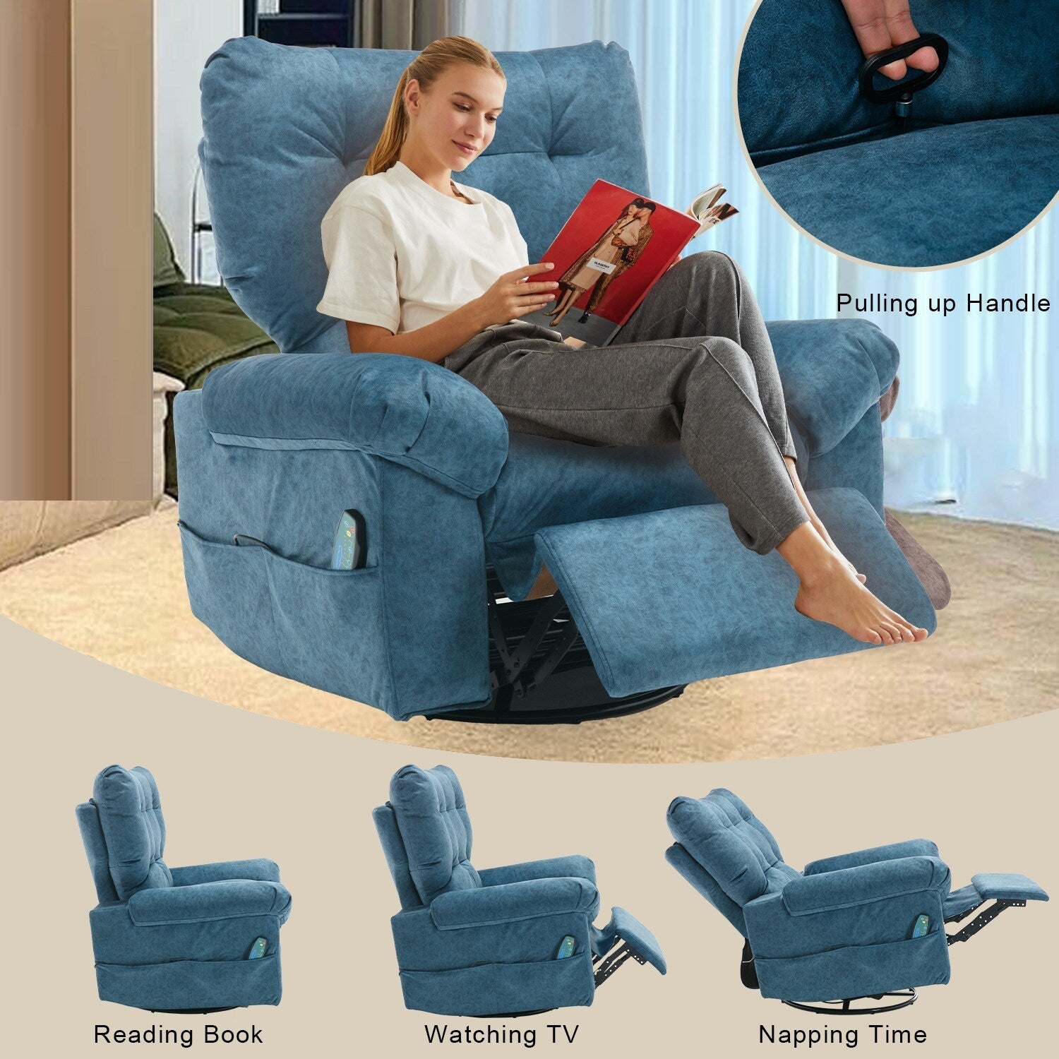 Fauteuil inclinable pivotant à 360° bleu avec massage par vibration, chauffage lombaire et poches latérales