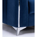 Canapé causeuse en velours bleu 59 avec accoudoirs plissés verticaux et pieds chromés polis pour salon