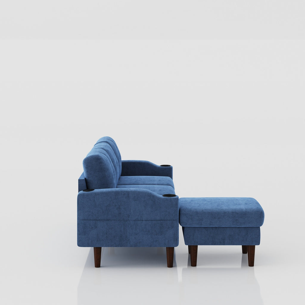 Canapé convertible 3 places bleu en L de 78,74 pouces avec pouf de rangement, ports USB et porte-gobelet