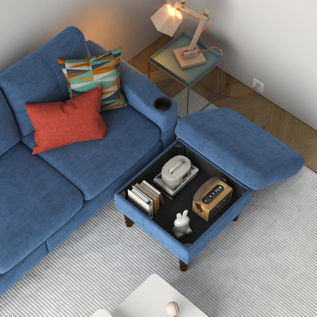 Canapé convertible bleu en L de 78,74 pouces avec pouf de rangement, ports USB et porte-gobelets