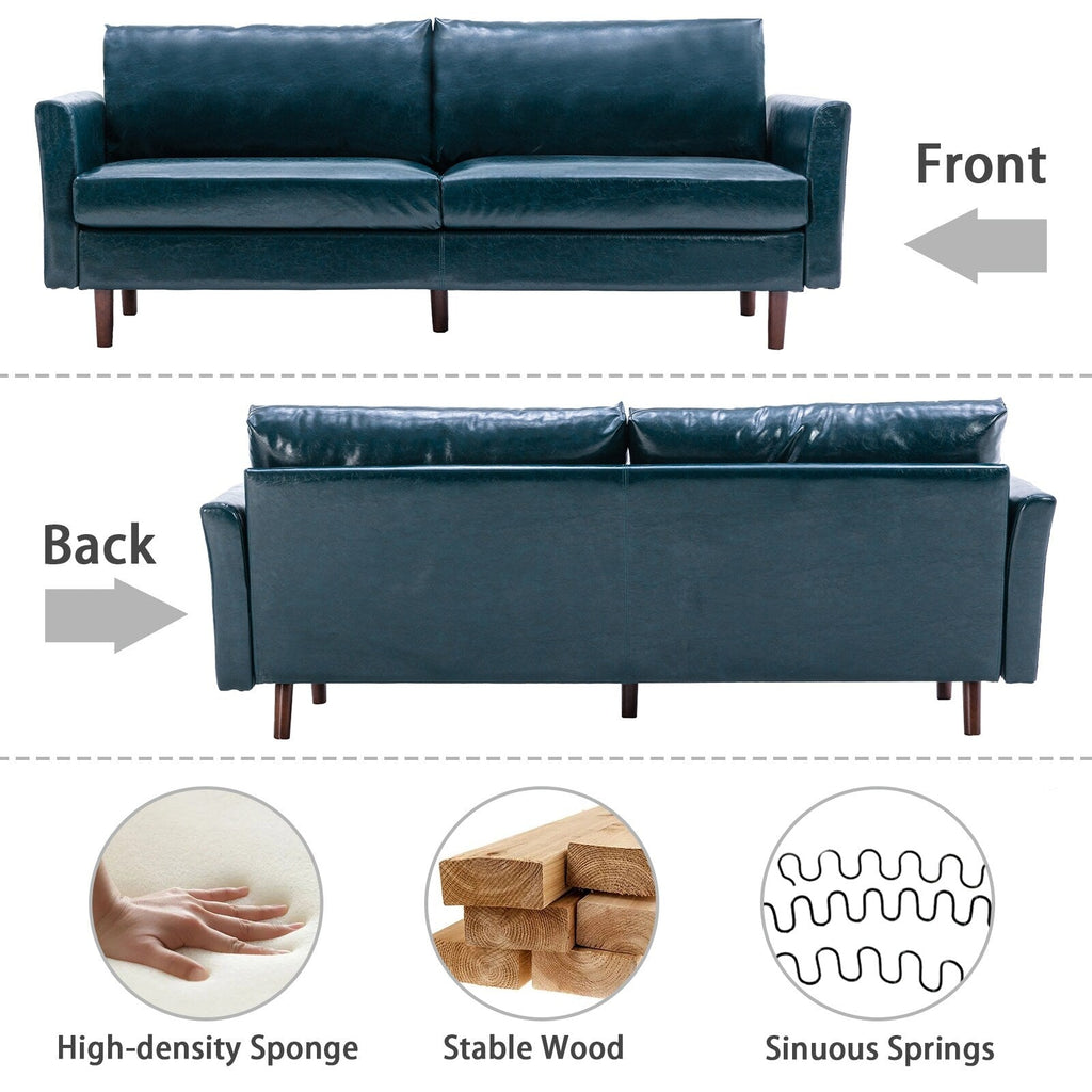 Canapé bleu 80'' en similicuir style milieu du siècle avec cadre en bois, coussins d'assise rembourrés et dossier amovible